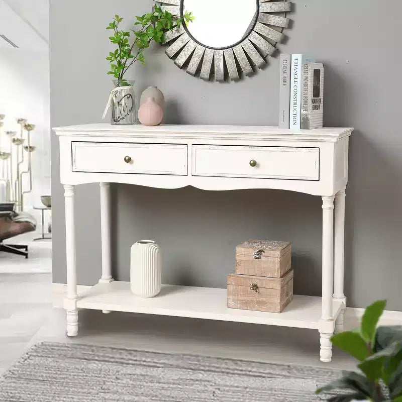 Console de rangement en bois blanc avec 2 tiroirs et étagère pour entrée
