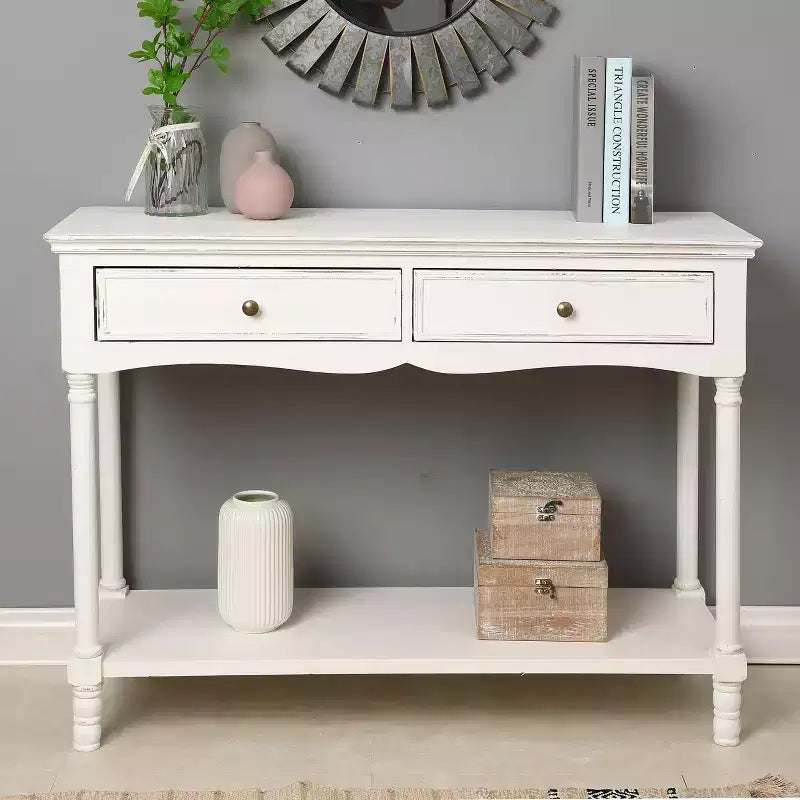 Console de rangement en bois blanc avec 2 tiroirs et étagère pour entrée
