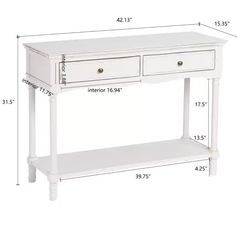 Console de rangement en bois blanc avec 2 tiroirs et étagère pour entrée