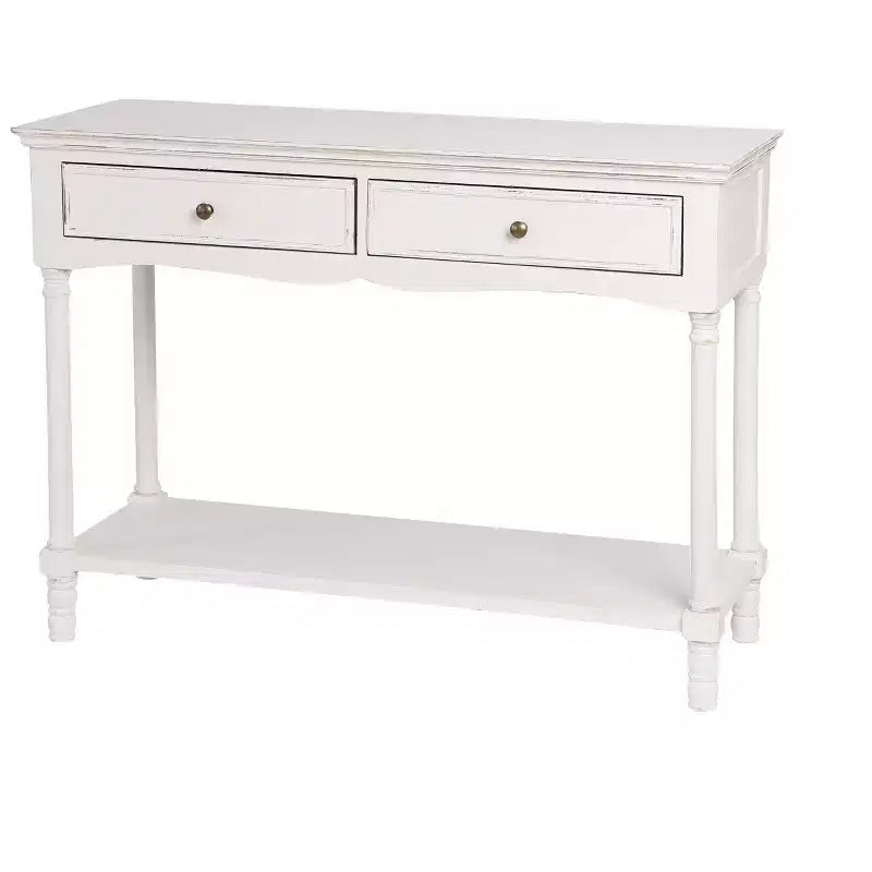 Console de rangement en bois blanc avec 2 tiroirs et étagère pour entrée