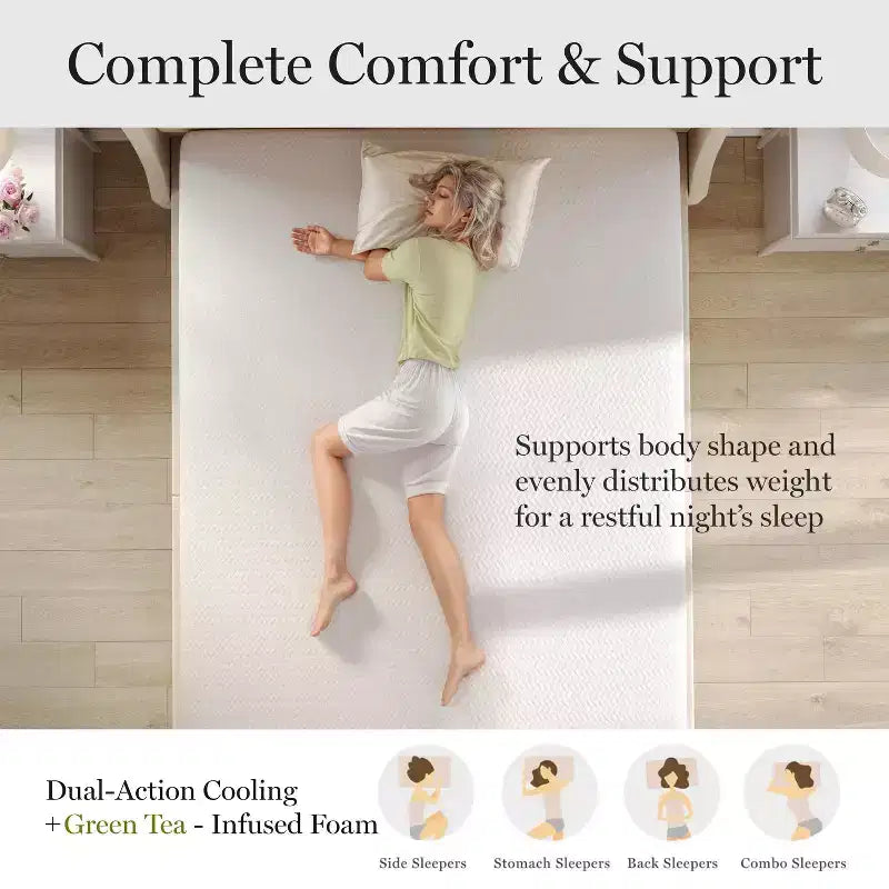 Matelas en mousse à mémoire de forme et thé vert, mi-ferme, à double action rafraîchissante, avec dessus matelassé en jacquard recyclé doux et respirant