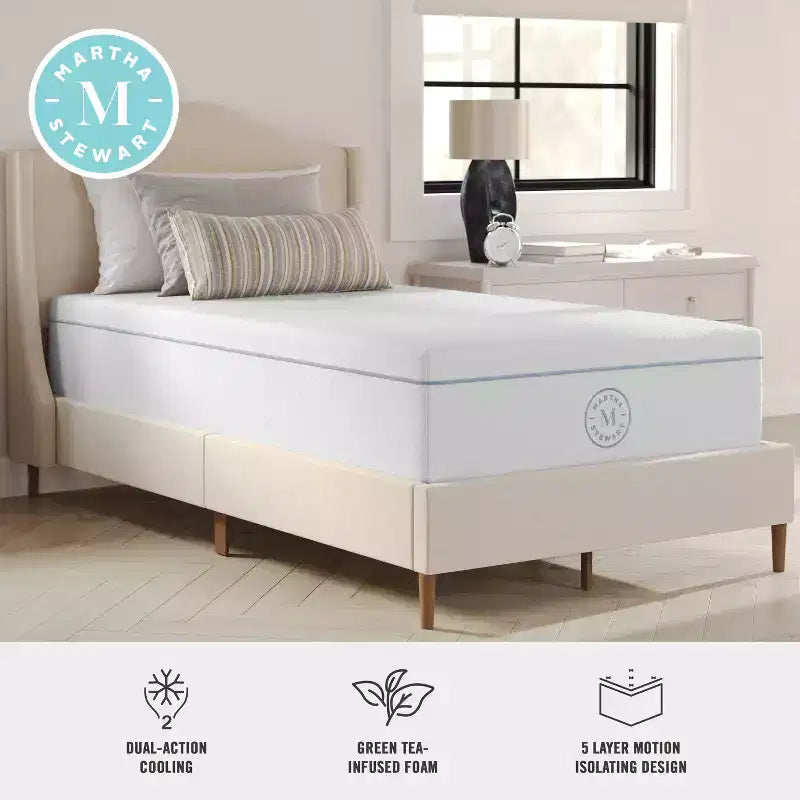 Matelas en mousse à mémoire de forme et thé vert, mi-ferme, à double action rafraîchissante, avec dessus matelassé en jacquard recyclé doux et respirant
