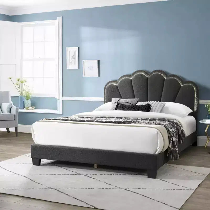 GDFStudio Luther Modern Queen Boucle Upholstered Wood Platform Bed with Scalloped Headboard and LED