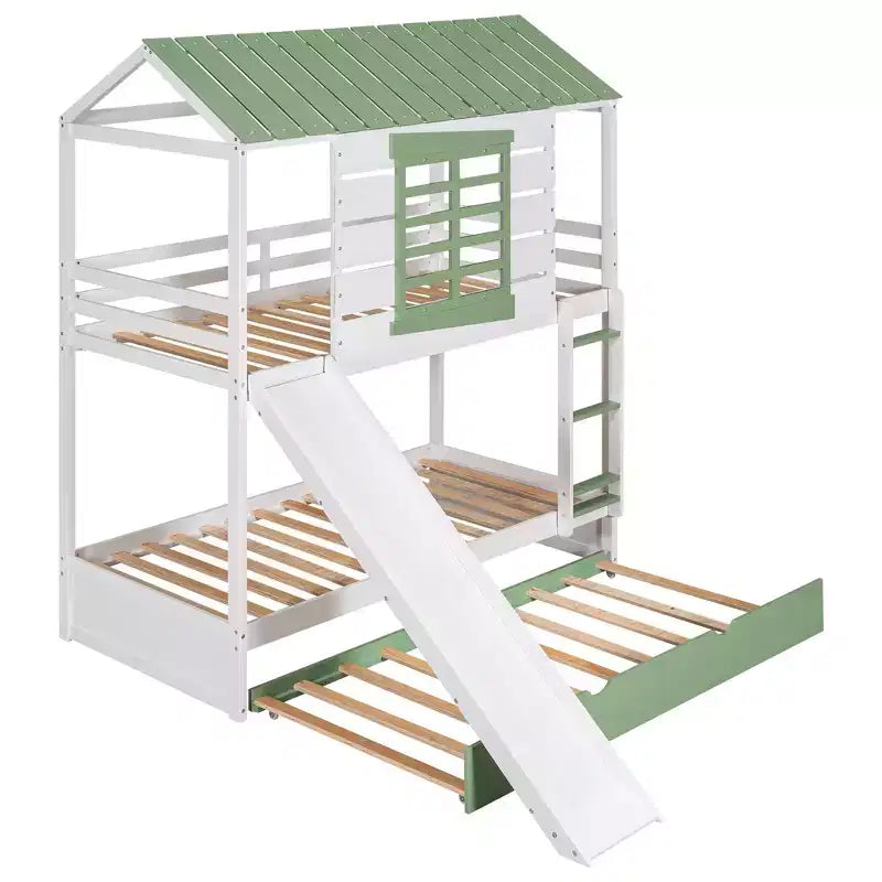 Lit superposé cabane jumeau sur jumeau avec toboggan convertible et lit gigogne - Blanc et vert