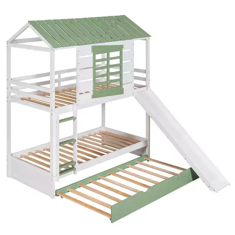 Lit superposé cabane jumeau sur jumeau avec toboggan convertible et lit gigogne - Blanc et vert