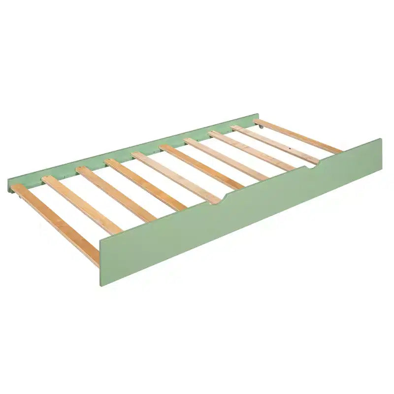 Lit superposé cabane jumeau sur jumeau avec toboggan convertible et lit gigogne - Blanc et vert