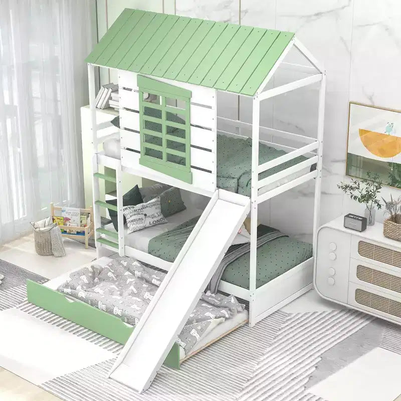Lit superposé cabane jumeau sur jumeau avec toboggan convertible et lit gigogne - Blanc et vert