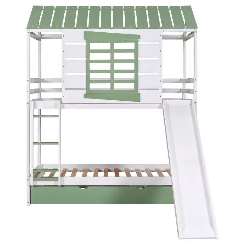 Lit superposé cabane jumeau sur jumeau avec toboggan convertible et lit gigogne - Blanc et vert