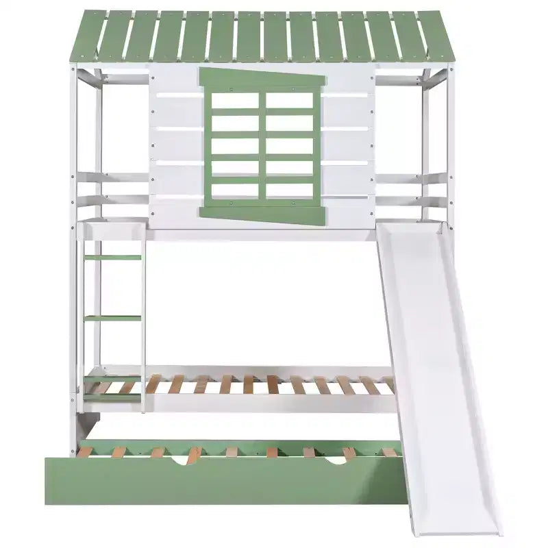 Lit superposé cabane jumeau sur jumeau avec toboggan convertible et lit gigogne - Blanc et vert