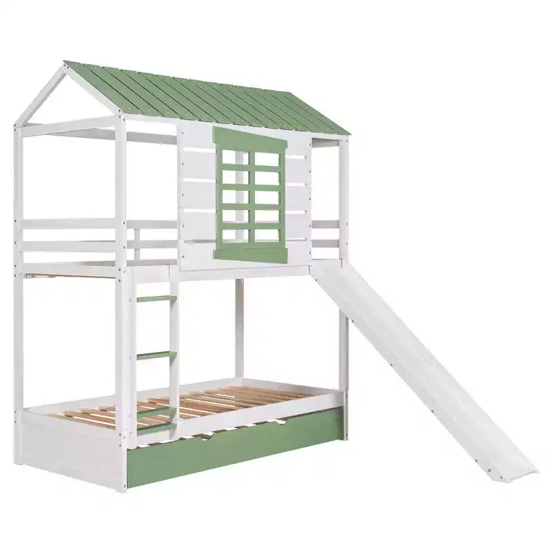 Lit superposé cabane jumeau sur jumeau avec toboggan convertible et lit gigogne - Blanc et vert