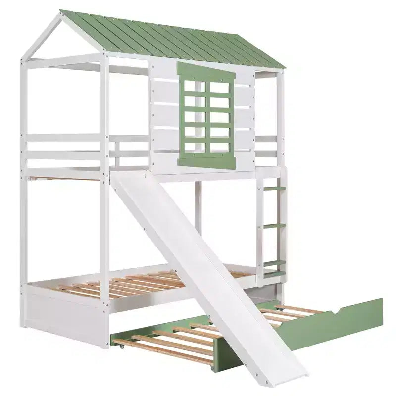 Lit superposé cabane jumeau sur jumeau avec toboggan convertible et lit gigogne - Blanc et vert