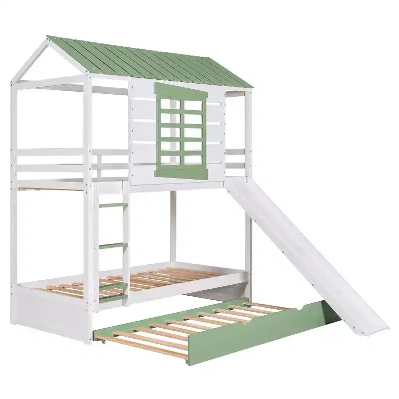 Lit superposé cabane jumeau sur jumeau avec toboggan convertible et lit gigogne - Blanc et vert