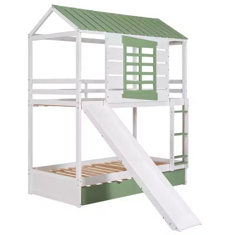 Lit superposé cabane jumeau sur jumeau avec toboggan convertible et lit gigogne - Blanc et vert
