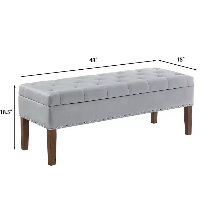 Ottoman capitonné en velours 48 po avec clous et pieds en bois
