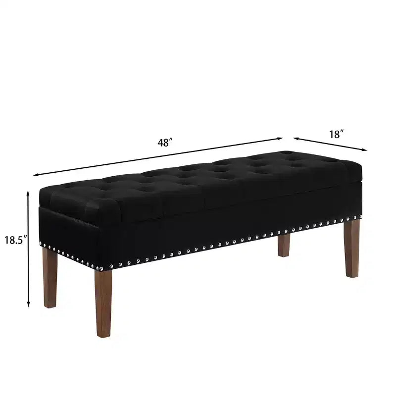 Ottoman capitonné en velours 48 po avec clous et pieds en bois