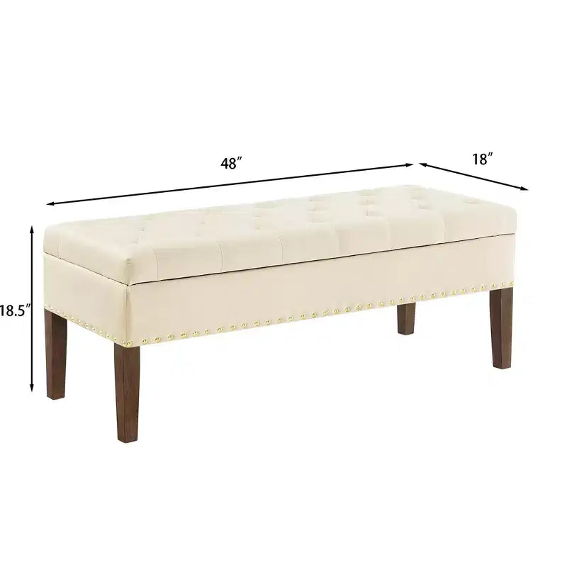 Ottoman capitonné en velours 48 po avec clous et pieds en bois