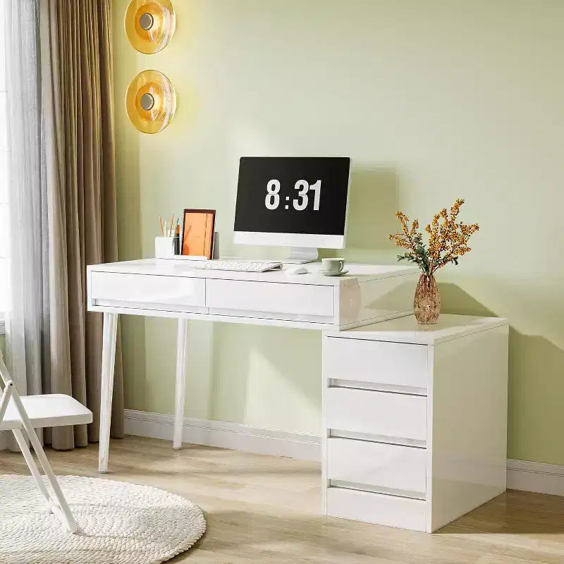Bureau blanc 5 tiroirs, bureau moderne pour la maison avec tiroirs de rangement et support pour imprimante