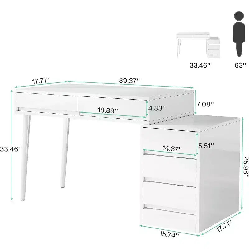 Bureau blanc 5 tiroirs, bureau moderne pour la maison avec tiroirs de rangement et support pour imprimante