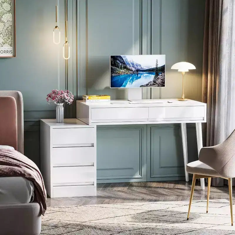 Bureau blanc 5 tiroirs, bureau moderne pour la maison avec tiroirs de rangement et support pour imprimante