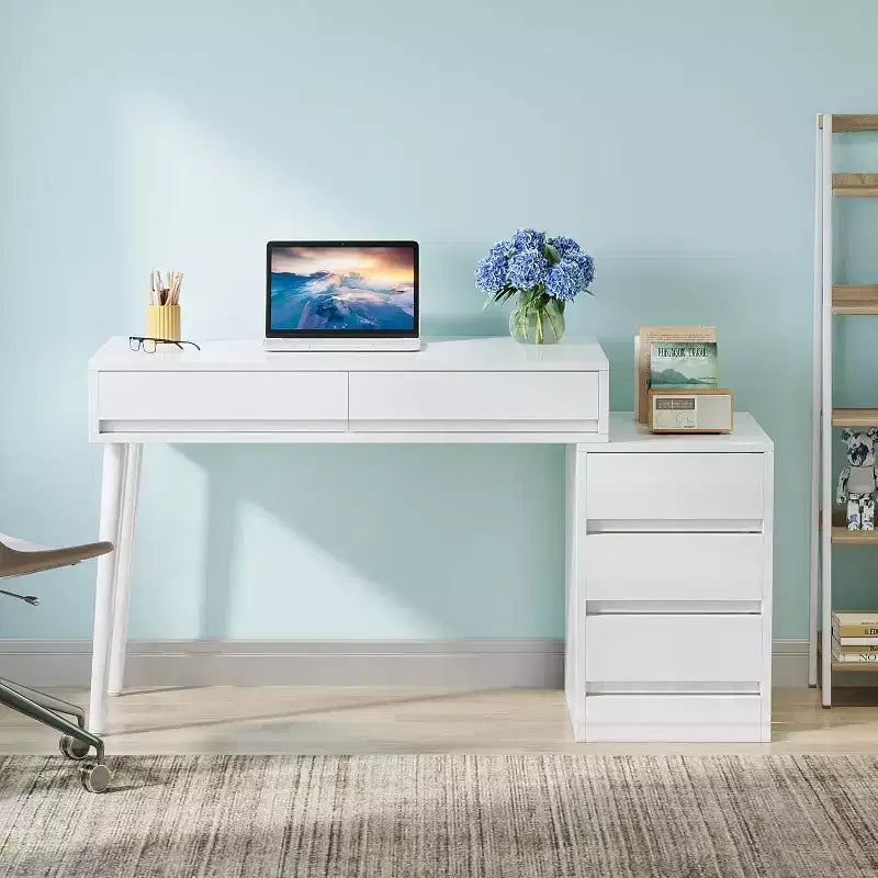 Bureau blanc 5 tiroirs, bureau moderne pour la maison avec tiroirs de rangement et support pour imprimante