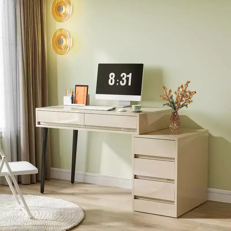 Bureau blanc 5 tiroirs, bureau moderne pour la maison avec tiroirs de rangement et support pour imprimante