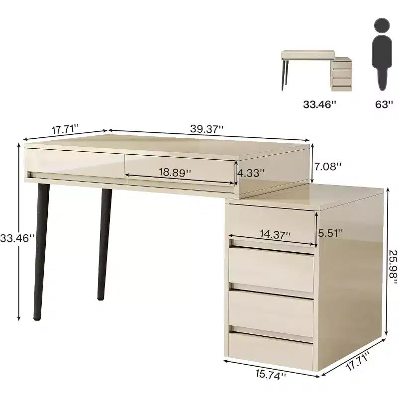 Bureau blanc 5 tiroirs, bureau moderne pour la maison avec tiroirs de rangement et support pour imprimante