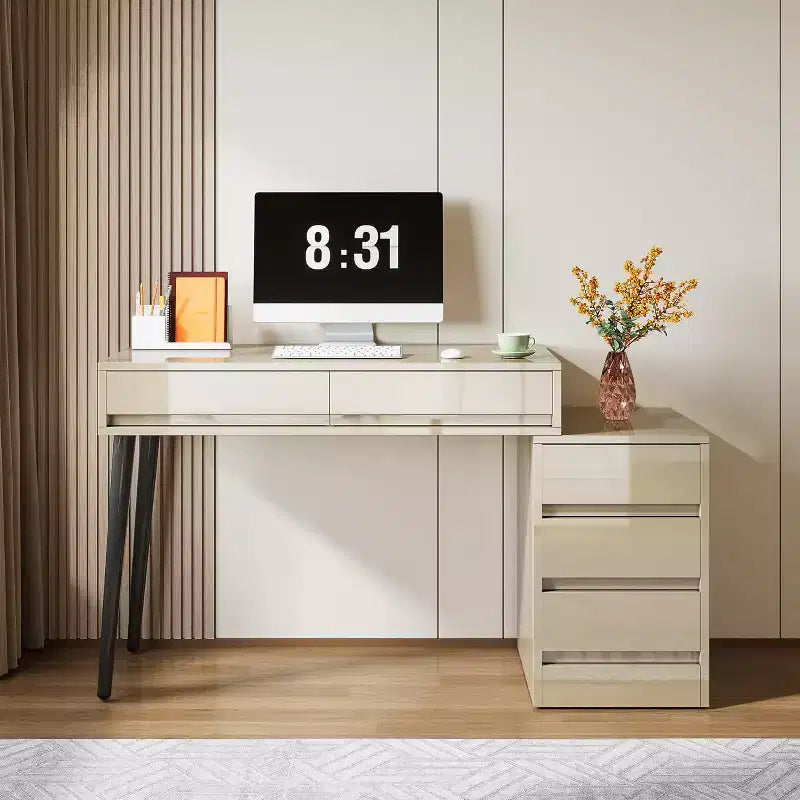 Bureau blanc 5 tiroirs, bureau moderne pour la maison avec tiroirs de rangement et support pour imprimante