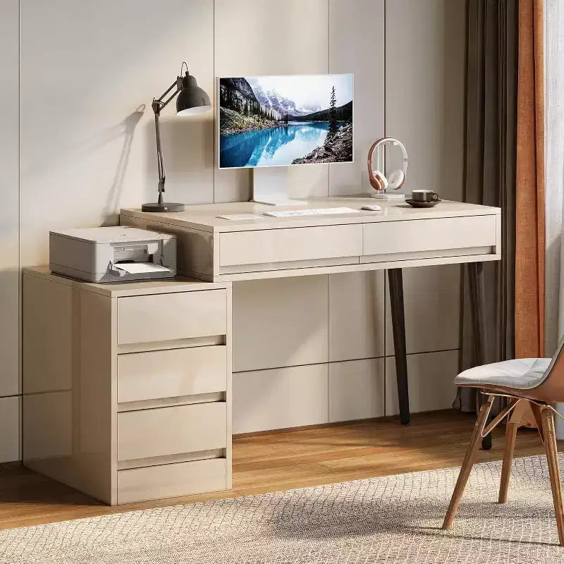 Bureau blanc 5 tiroirs, bureau moderne pour la maison avec tiroirs de rangement et support pour imprimante