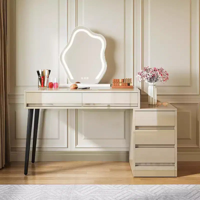 Bureau blanc 5 tiroirs, bureau moderne pour la maison avec tiroirs de rangement et support pour imprimante