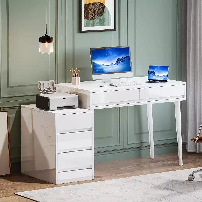 Bureau blanc 5 tiroirs, bureau moderne pour la maison avec tiroirs de rangement et support pour imprimante