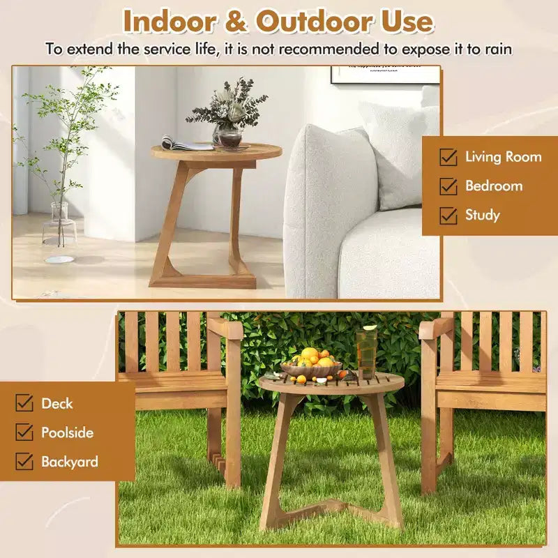 1/2 TABLES D'APPOINT RONDES EN BOIS DE TECK AVEC PLATEAU À LATTES, POUR CANAPÉ OU CHEVET