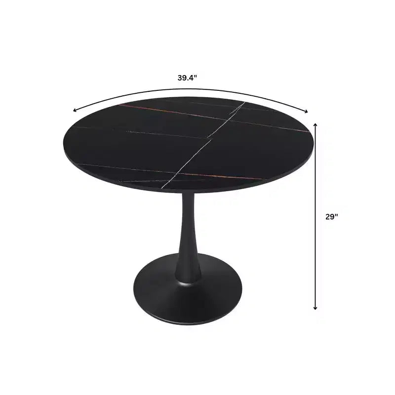 Table à Manger Ronde Plateau en Pierre Frittée Table d'Appoint de Café et Piètement Central en Acier Noir Robuste pour Cuisine et Petits Espaces