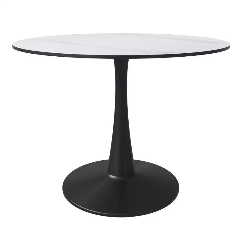 Table à Manger Ronde Plateau en Pierre Frittée Table d'Appoint de Café et Piètement Central en Acier Noir Robuste pour Cuisine et Petits Espaces