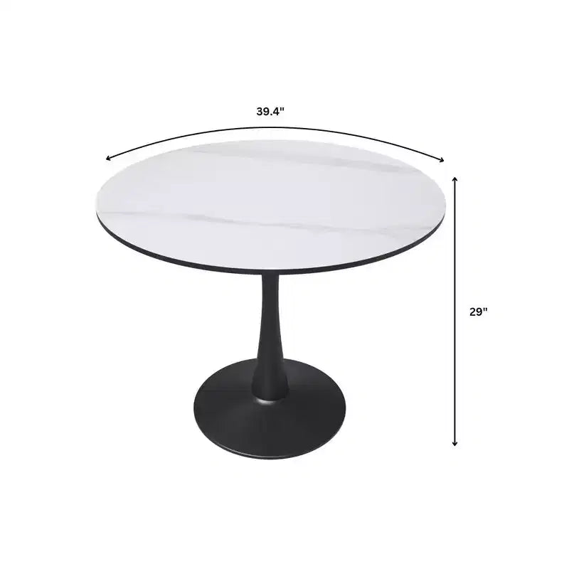 Table à Manger Ronde Plateau en Pierre Frittée Table d'Appoint de Café et Piètement Central en Acier Noir Robuste pour Cuisine et Petits Espaces