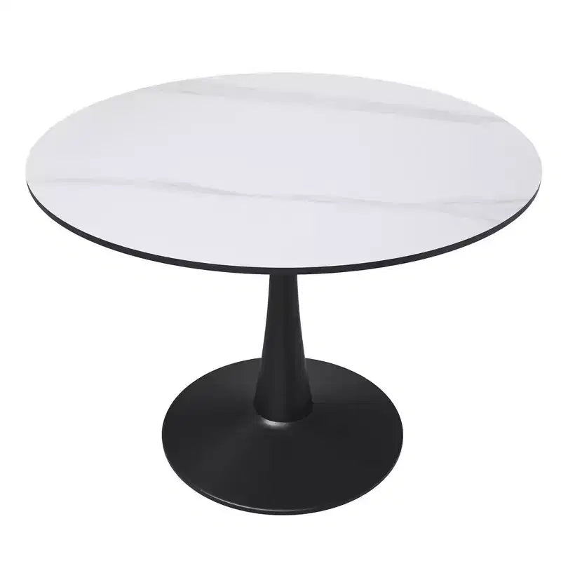Table à Manger Ronde Plateau en Pierre Frittée Table d'Appoint de Café et Piètement Central en Acier Noir Robuste pour Cuisine et Petits Espaces