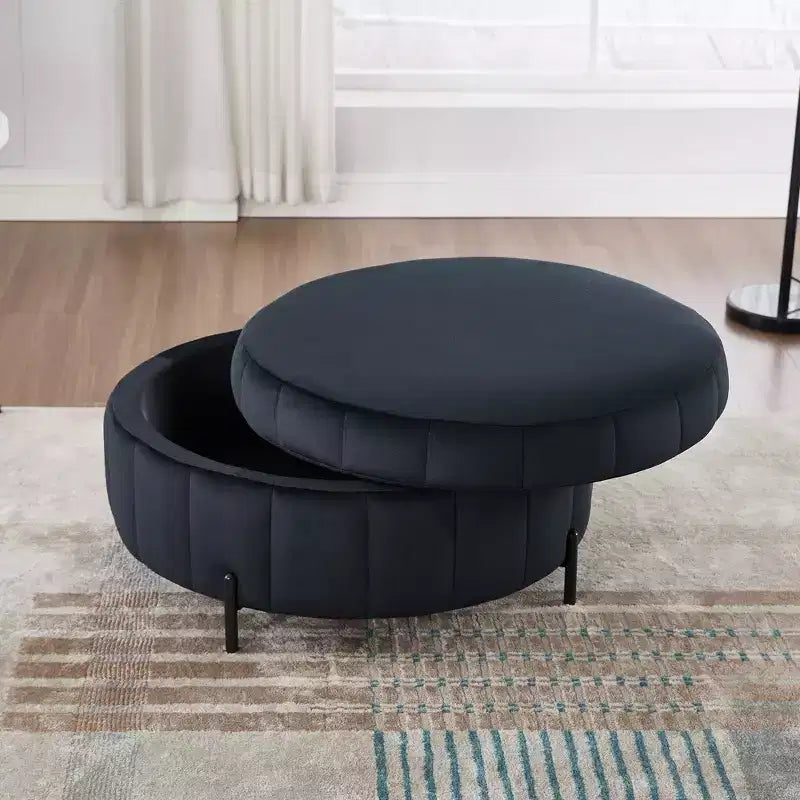 Pouf de rangement rond moderne en velours capitonné de 80 cm avec couvercle réversible