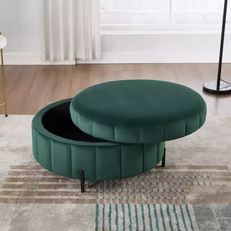 Pouf de rangement rond moderne en velours capitonné de 80 cm avec couvercle réversible