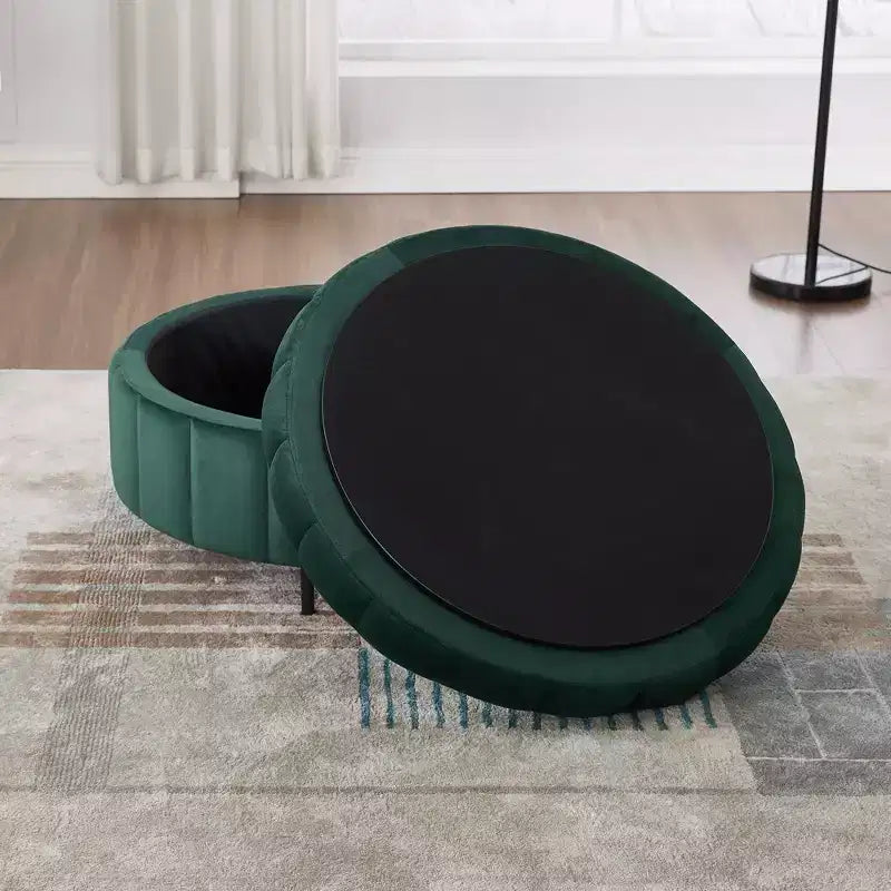 Pouf de rangement rond moderne en velours capitonné de 80 cm avec couvercle réversible