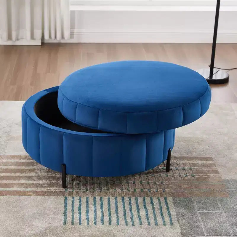 Pouf de rangement rond moderne en velours capitonné de 80 cm avec couvercle réversible