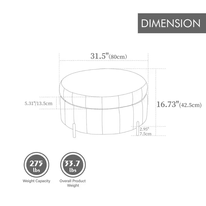 Pouf de rangement rond moderne en velours capitonné de 80 cm avec couvercle réversible