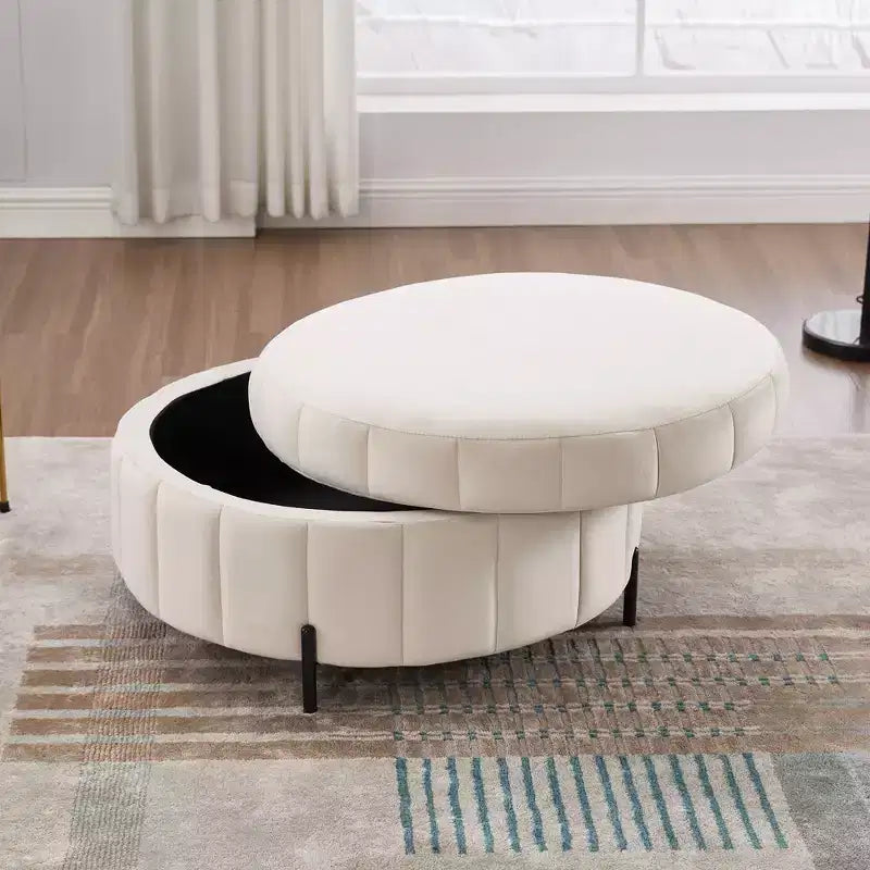 Pouf de rangement rond moderne en velours capitonné de 80 cm avec couvercle réversible