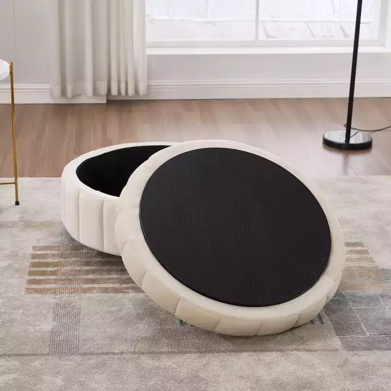 Pouf de rangement rond moderne en velours capitonné de 80 cm avec couvercle réversible