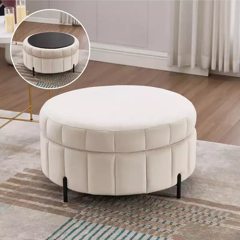 Pouf de rangement rond moderne en velours capitonné de 80 cm avec couvercle réversible