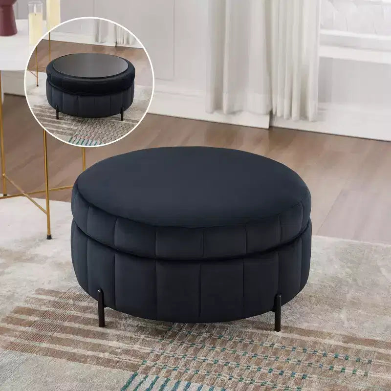 Pouf de rangement rond moderne en velours capitonné de 80 cm avec couvercle réversible