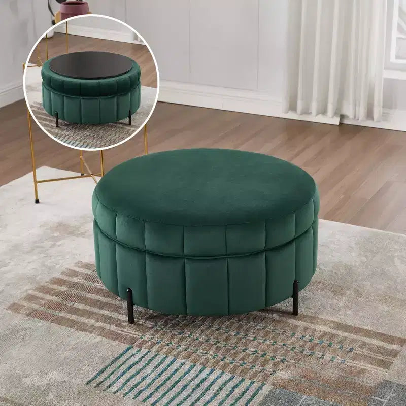 Pouf de rangement rond moderne en velours capitonné de 80 cm avec couvercle réversible