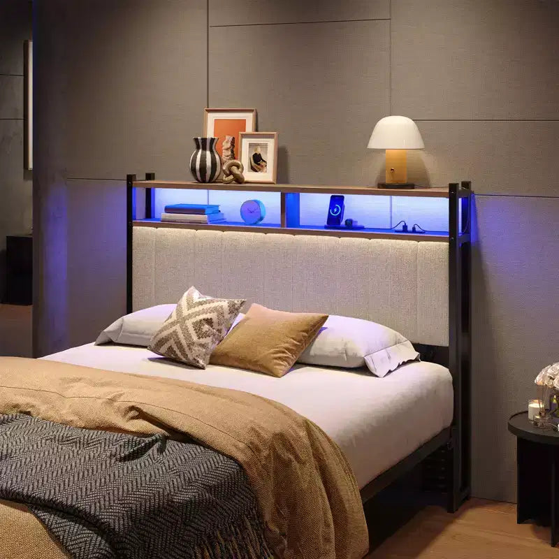 Pinmoco Headboard for Full/Queen/King Size Bed with Storage, Linen Upholstered Head Board with LED Lights and Charging Ports