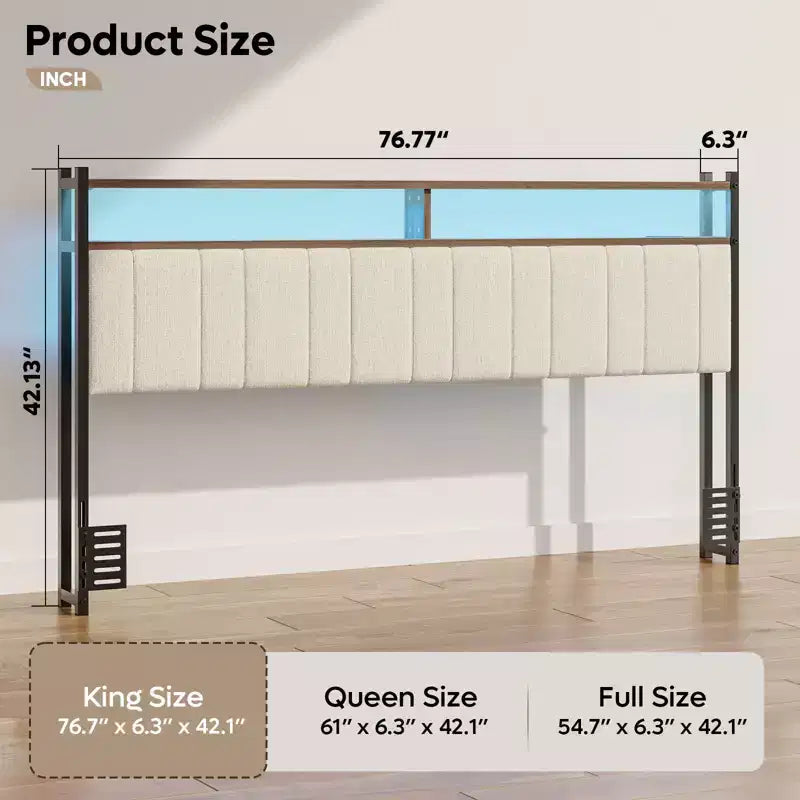 Tête de lit pour lit double/Queen/King avec rangement, tête de lit rembourrée en lin avec lumières LED et ports de charge