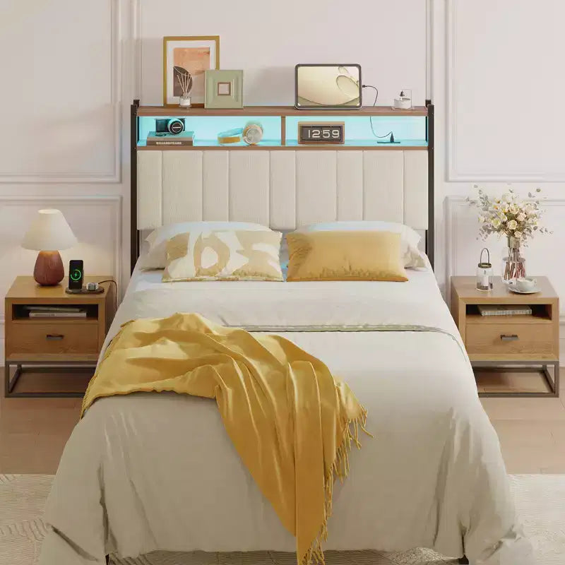 Tête de lit pour lit double/Queen/King avec rangement, tête de lit rembourrée en lin avec lumières LED et ports de charge