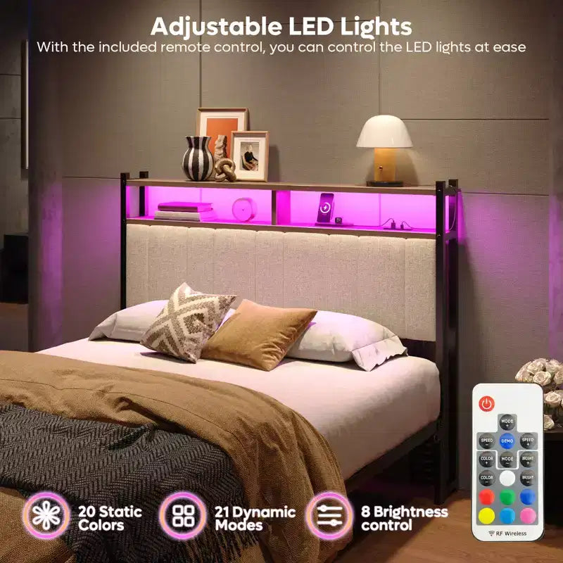 Tête de lit pour lit double/Queen/King avec rangement, tête de lit rembourrée en lin avec lumières LED et ports de charge