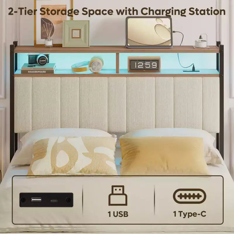 Tête de lit pour lit double/Queen/King avec rangement, tête de lit rembourrée en lin avec lumières LED et ports de charge